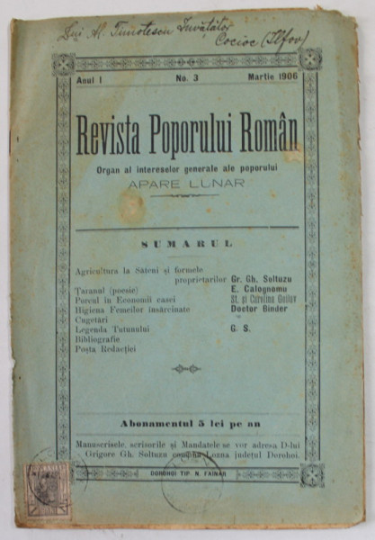 REVISTA POPORULUI ROMAN , ORGAN AL INTERESELOR GENERALE ALE POPORULUI , ANUL I , NR. 3, MARTIE 1906