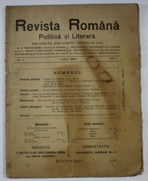 REVISTA ROMANA POLITICA SI LITERARA , NO.7 , 1 MAI , 1902