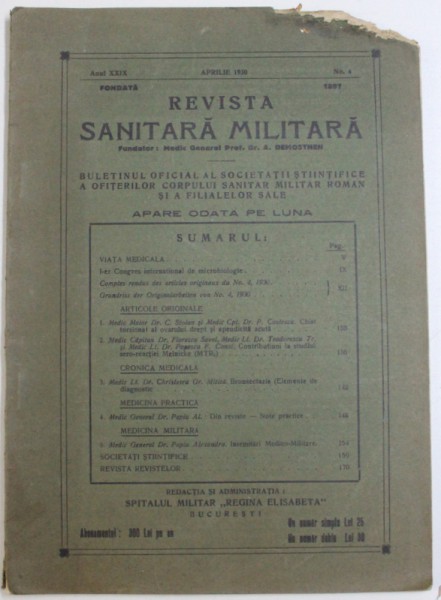 REVISTA SANITARA MILITARA , ANUL XXIX , NO . 4 , APRILIE 1930 , PREZINTA URME DE UZURA