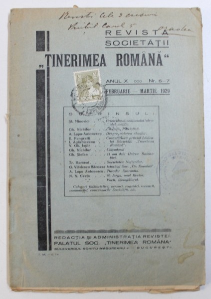 REVISTA SOCIETATII " TINERIMEA ROMANA " , ANUL X , NR . 6 -7 , FEBRUARIE - MARTIE , 1929