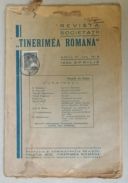 REVISTA SOCIETATII ' TINERIMEA ROMANA ' , ANUL XI , NR. 9 , APRILIE , 1930