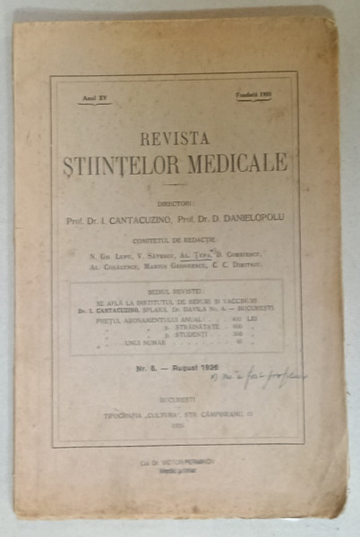 REVISTA STIINTELOR MEDICALE , NR. 8 , 1926