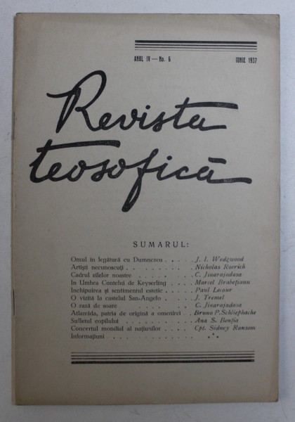 REVISTA TEOSOFICA , ANUL IV , No. 6 , IUNIE , 1937