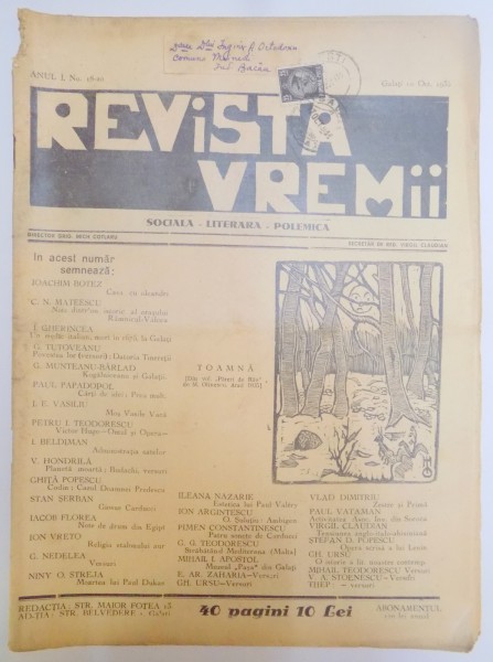 REVISTA VREMII , SOCIALA , LITERARA , POLEMICA , ANUL I , NO. 18-20 , 10 OCTOMBRIE 1935