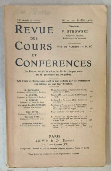 REVUE DES COURS ET CONFERENCES , No. 12 , 1934