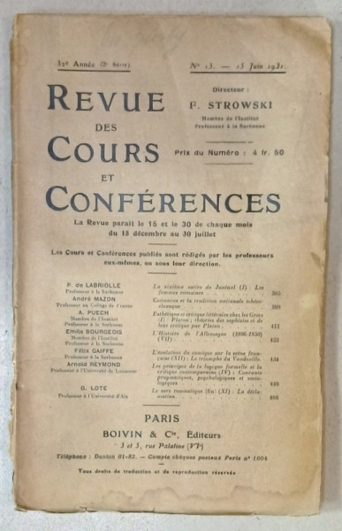 REVUE DES COURS ET CONFERENCES , No. 13 , 15 JUIN  1931