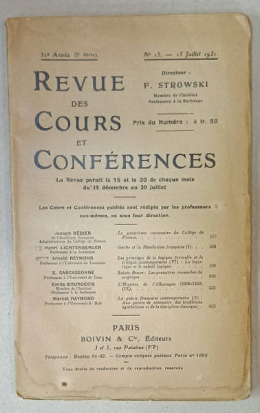 REVUE DES COURS ET CONFERENCES , No. 15 , 1931