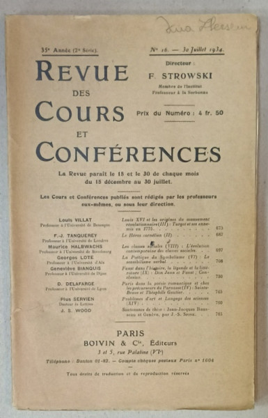 REVUE DES COURS ET CONFERENCES , No. 16 , 1934