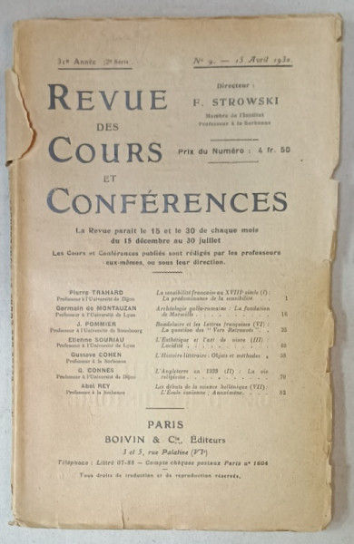 REVUE DES COURS ET CONFERENCES , No. 9 , 15 AVRIL 1930