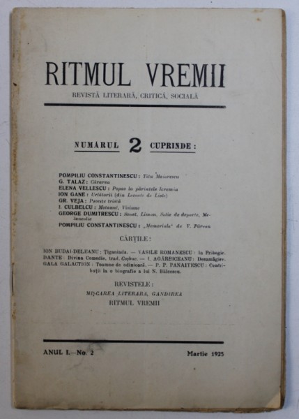 RITMUL VREMII - REVISTA LITERARA , CRITICA , SOCIALA , ANUL I , No. 2 , MARTIE  , 1925