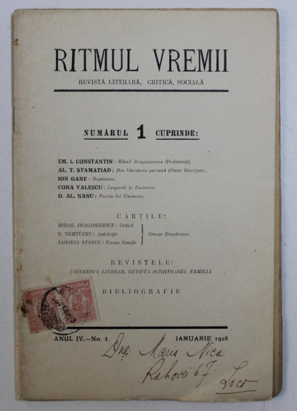 RITMUL VREMII - REVISTA LITERARA , CRITICA , SOCIALA , ANUL IV , No. 1 , IANUARIE , 1928