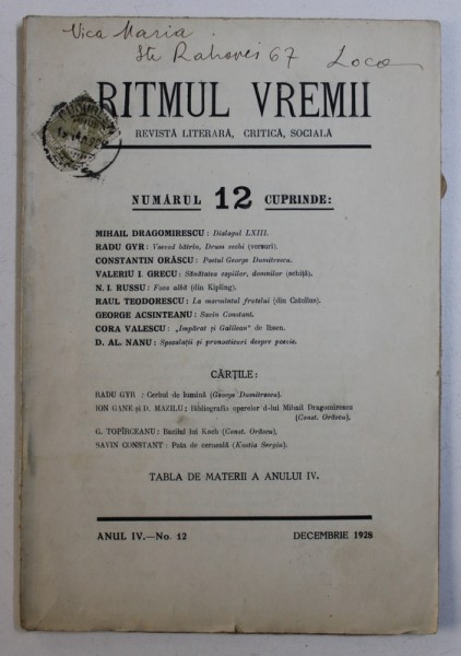 RITMUL VREMII - REVISTA LITERARA , CRITICA , SOCIALA , ANUL IV , No. 12 , DECEMBRIE  , 1928