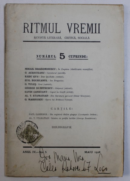 RITMUL VREMII - REVISTA LITERARA , CRITICA , SOCIALA , ANUL IV , No. 5, MAI , 1928