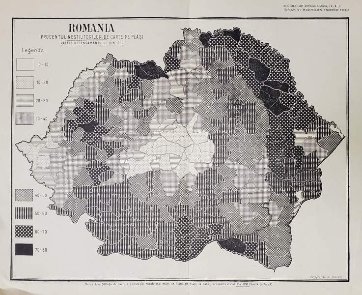 ROMANIA , HARTA CU PROCENTUL NESTIUTORILOR DE CARTE PE PLASI , DUPA RECENSAMANTUL DIN 1930 , EDITIE INTERBELICA