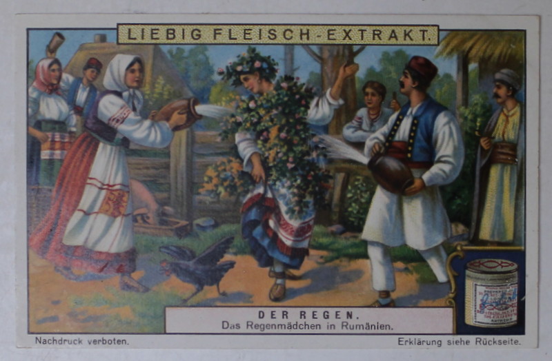 ROMANIA , JOCUL PAPARUDEI , CARTOLINA DE RECLAMA LA PRODUSUL GERMAN ' LIEBIG FLEISCH EXTRACT ' , CROMOLITOGRAFIE , TEXT IN LB. GERMANA , CCA , 1900