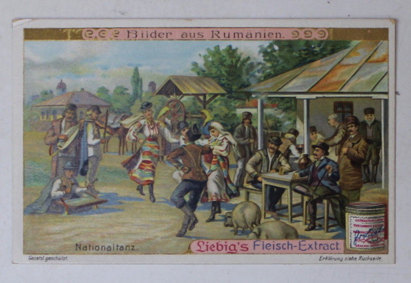 ROMANIA , LA HORA CU LAUTARI  , CARTOLINA DE RECLAMA LA PRODUSUL GERMAN ' LIEBIG FLEISCH EXTRACT ' , CROMOLITOGRAFIE , TEXT IN LB. GERMANA , CCA , 1900