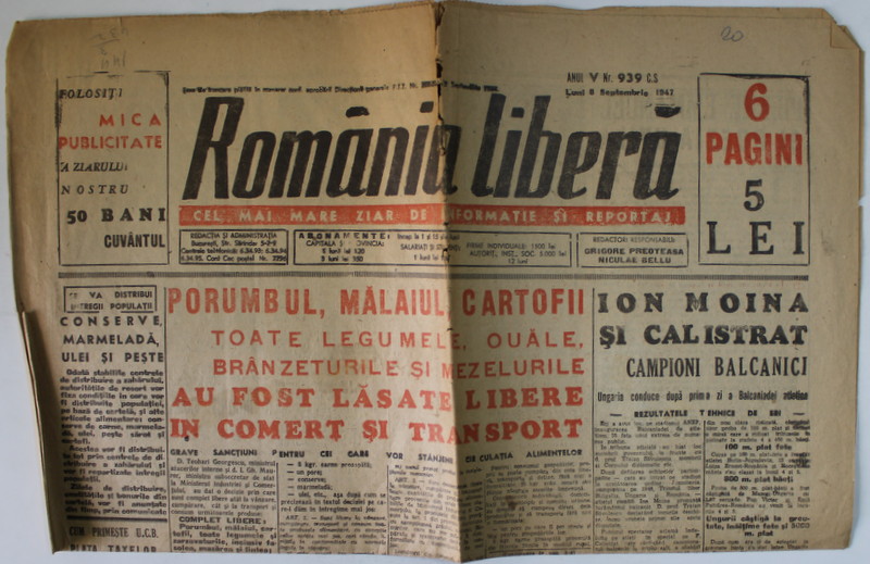 '' ROMANIA LIBERA '' CEL MAI MARE ZIAR DE INFORMATIE SI REPORTAJ , ANUL V , NR. 939 , LUNI , 8 SEPTEMBRIE , 1947