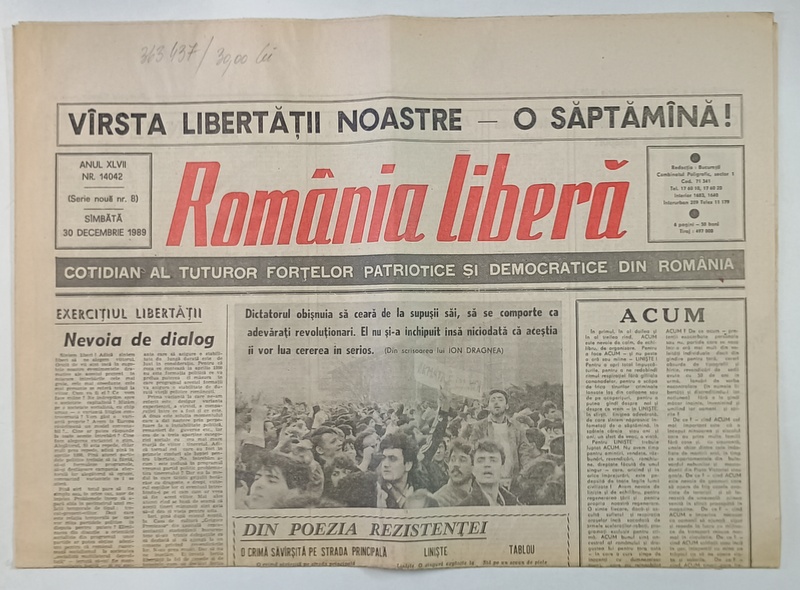 ROMANIA LIBERA , COTIDIAN AL TUTUROR FORTELOR PATRIOTICE SI DEMOCRATICE DIN ROMANIA , 30 DECEMBRIE , 1989