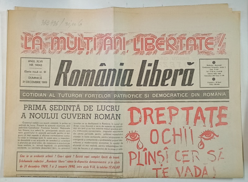 ROMANIA LIBERA , COTIDIAN AL TUTUROR FORTELOR PATRIOTICE SI DEMOCRATICE DIN ROMANIA , 31 DECEMBRIE , 1989