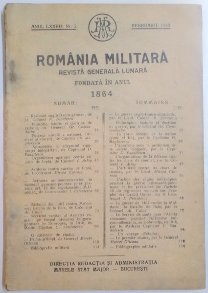 ROMANIA MILITARA , REVISTA GENERALA LUNARA , FONDATA IN ANUL 1864 , ANUL 77 , NR. 2 , FEBRUARIE 1940