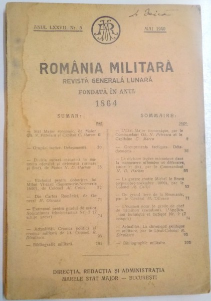 ROMANIA MILITARA , REVISTA GENERALA LUNARA , FONDATA IN ANUL 1864 , ANUL 77 , NR. 5 , MAI 1940