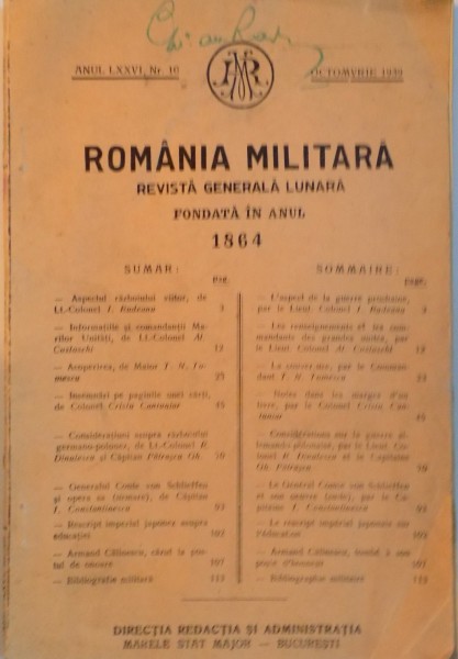 ROMANIA MILITARA, REVISTA GENERALA LUNARA FONDATA IN ANUL 1864, NR. 10, OCTOMBRIE 1939