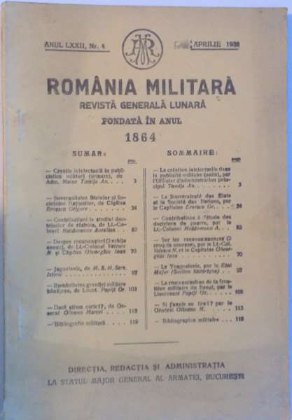 ROMANIA MILITARA, REVISTA GENERALA LUNARA FONDATA IN ANUL 1864, NR. 4, APRILIE 1935