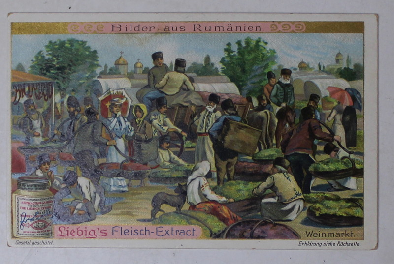 ROMANIA , TARG DE STRUGURI PENTRU VIN  , CARTOLINA DE RECLAMA LA PRODUSUL GERMAN ' LIEBIG FLEISCH EXTRACT ' , CROMOLITOGRAFIE , TEXT IN LB. GERMANA , CCA , 1900