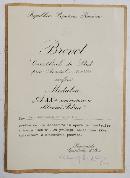 R.P.R. , BREVET PENTRU ACORADREA MEDALIEI ' A XX -A ANIVERSARE A ELIBERARII PATRIEI ' , 1964
