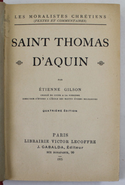 SAINT THOMAS D 'AQUIN par ETIENNE GILSON , 1925