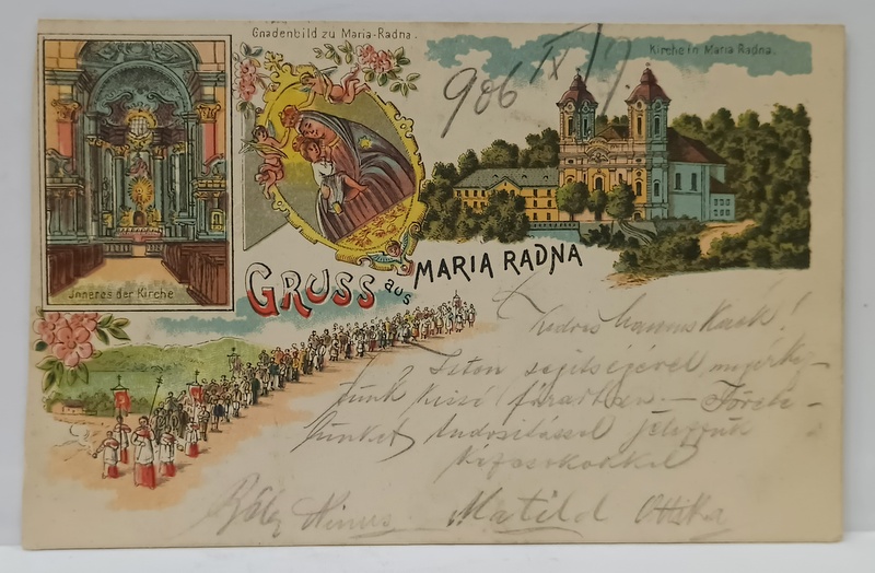 SALUTARI DE LA MARIA , RADNA , CROMOLITOGRAFIE CU PATRU IMAGINI DE LA MANASTIRE , CARTE POSTALA , CLASICA , DATATA  1906