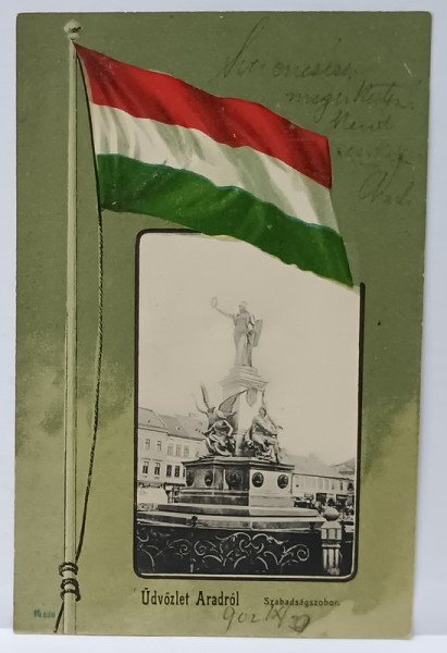 SALUTARI DIN ARAD , STATUIA LIBERTATII IN MEDALION SI STEAGUL UNGARIEI , ALEGORIE , CROMOLITOGRAFIE , CARTE POSTALA  , CLASICA , DATATA , 1902