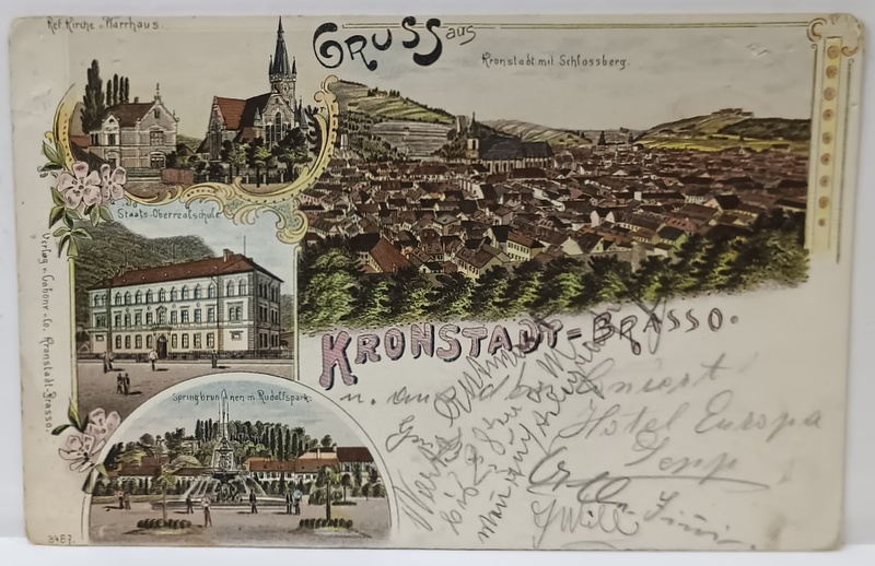 SALUTARI DIN BRASOV , CROMOLITOGRAFIE , MONTAJ CU PATRU IMAGINI , CARTE POSTALA , CLASICA , DATATA  1899