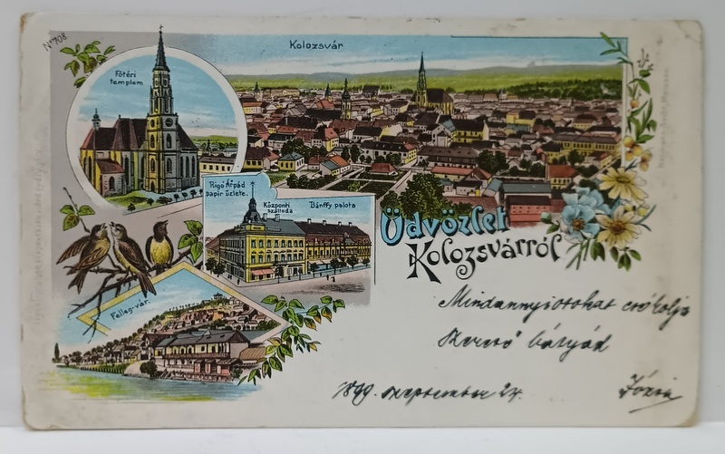 SALUTARI DIN CLUJ , CROMOLITOGRAFIE , MONTAJ CU PATRU IMAGINI DIN LOCALITATE , CLASICA , DATATA  1899