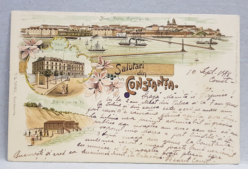 SALUTARI DIN CONSTANTA   - NOUL PORT , HOTEL CAROL I , BAILE DE LA VII , CARTE POSTALA ILUSTRATA , CROMOLITOGRAFIE , POLICROMA, CIRCULATA , CLASICA, DATATA 1898