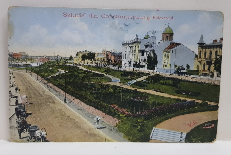 SALUTARI DIN CONSTANTA - PARCUL SI BULEVARDUL , CARTE POSTALA ILUSTRATA , POLICROMA, CIRCULATA , DATATA 1912