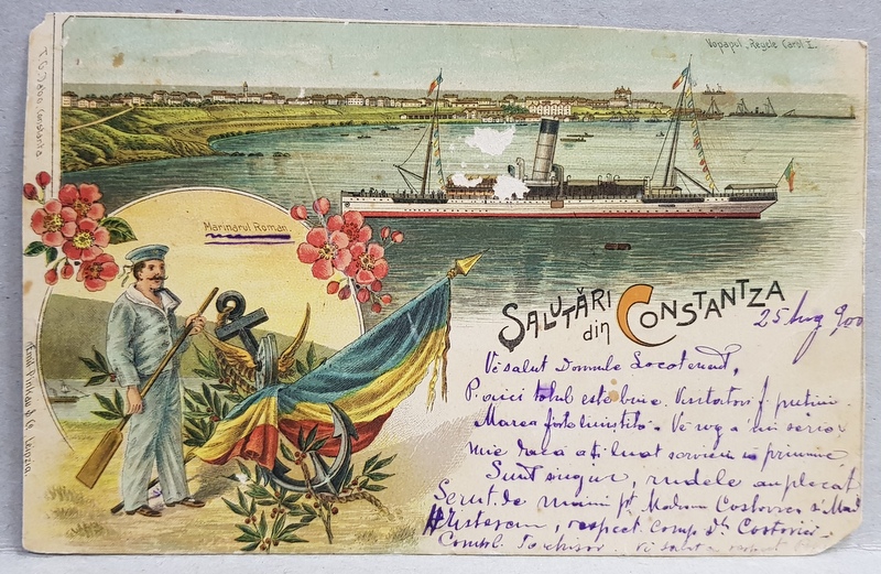 SALUTARI DIN CONSTANTA  - VAPORUL REGELE CAROL I , MARINAR ROMAN , CARTE POSTALA ILUSTRATA , CROMOLITOGRAFIE , POLICROMA, CIRCULATA , DATATA 1900 , DOUA COLTURI TAIATE *