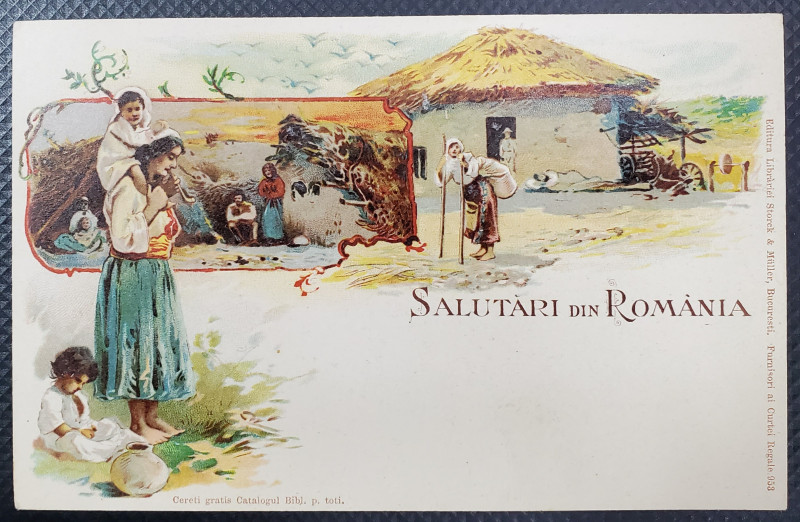 SALUTARI DIN ROMANIA , TIGANI LANGA BORDEIE SI LANGA CASA , CARTE POSTALA ILUSTRATA  CLASICA , CROMOLITOGRAFIE