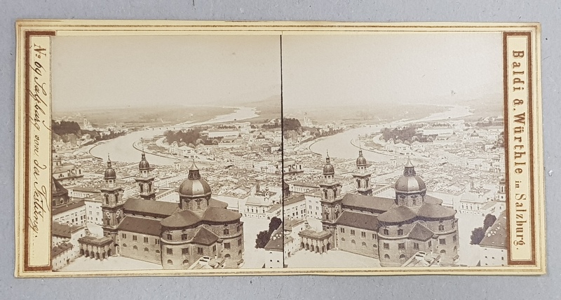 SALZBURG , VEDERE SPRE RAUL SALZACH , FOTOGRAFIE STEREOSCOPICA , MONOCROMA, PE CARTON , CCA. 1900