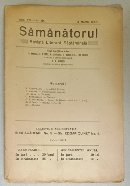 SAMANATORUL , REVISTA LITERARA SAPTAMANALA , NR. 10 , 1908