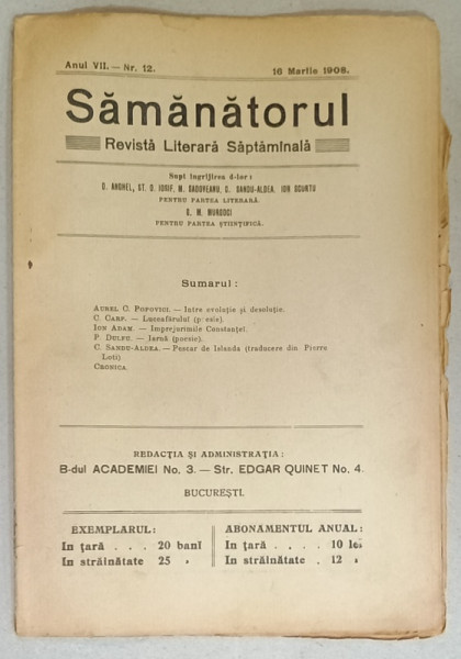 SAMANATORUL , REVISTA LITERARA SAPTAMANALA , NR. 12 , 1908