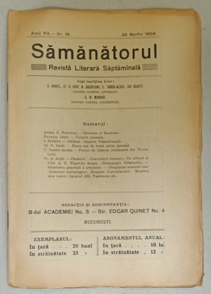 SAMANATORUL , REVISTA LITERARA SAPTAMANALA , NR. 13 , 1908