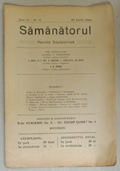 SAMANATORUL , REVISTA LITERARA SAPTAMANALA , NR. 17 , 1908