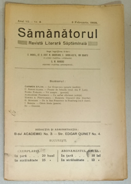 SAMANATORUL , REVISTA LITERARA SAPTAMANALA , NR. 6 , 1908