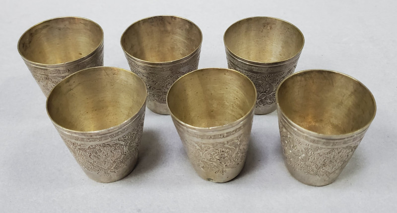 Sase pahare din argint, gravate manual, Manufactura Indo Persana