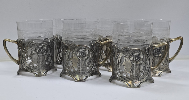 Sase pahare pentru ceai cu suporturi Art Nouveau WMF marcate Theodor Radivon, cca 1906