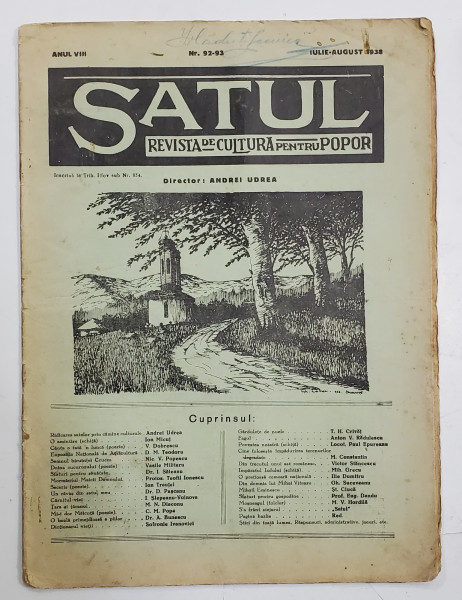 SATUL , REVISTA DE CULTURA PENTRU POPOR , ANUL VIII  , NR. 92-93  ,  IULIE - AUGUST , 1938