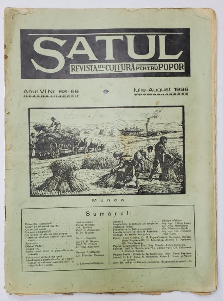 SATUL , REVISTA DE CULTURA PENTRU POPOR , NR. 68 -69 ,  1936