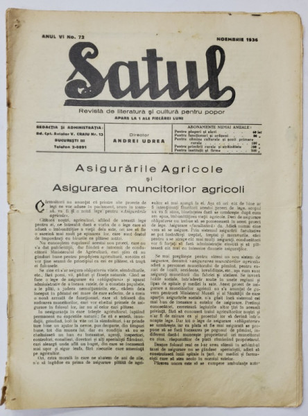 SATUL , REVISTA DE LITERATURA SI  CULTURA  PENTRU POPOR , NR. 72 ,  1936