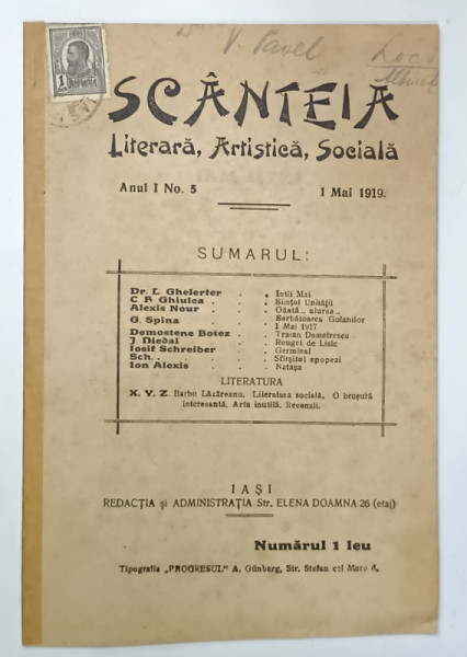 SCANTEIA , LITERARA , ARTISTICA , SOCIALA , NR. 5 , ANUL I , 1 MAI 1919
